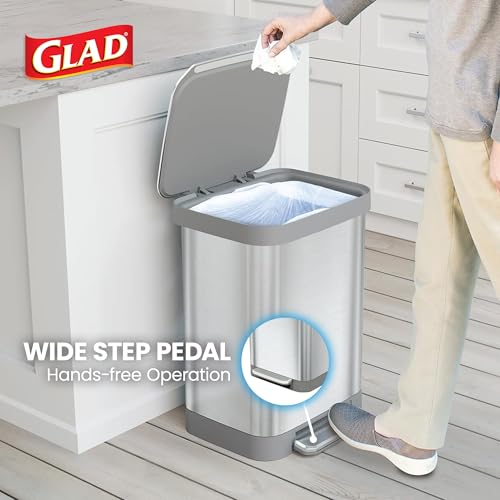 Image of Glad Stainless Steel Step Trash Can, Series 2 with Clorox Protection - Large Metal Kitchen Garbage Bin with Soft Close Lid, Foot Pedal and Waste Bag Roll Holder, 13 Gallon