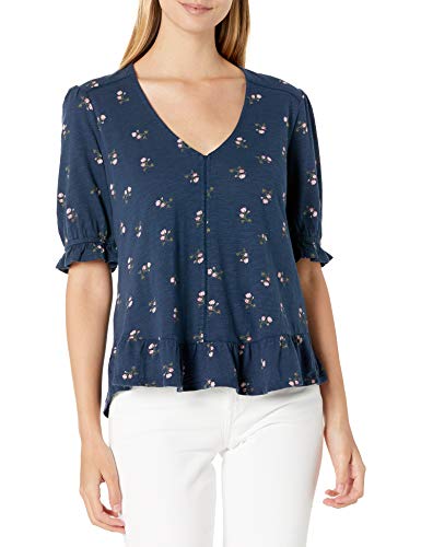 Lucky Brand Women's Short Sleeve V Neck Printed Peasant Top, Navy Multi, S