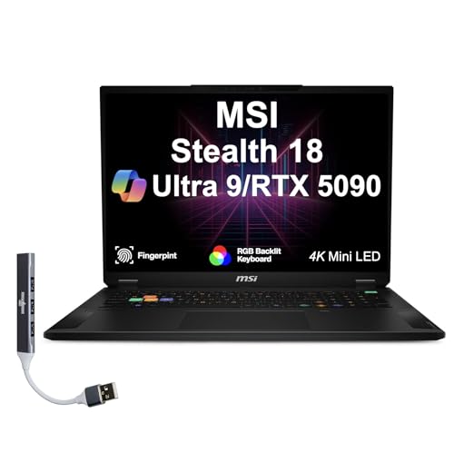 Image of msi Stealth 18 HX AI 18 inch UHD Gaming Laptop (Intel Ultra 9-275HX, GeForce RTX 5090 24GB, 64GB DDR5, 4TB PCIe SSD, Per-Key RGB Keyboard, 2 Thunderbolt 4, WiFi 7, Win 11 Pro) w /DKZ USB Port Expander