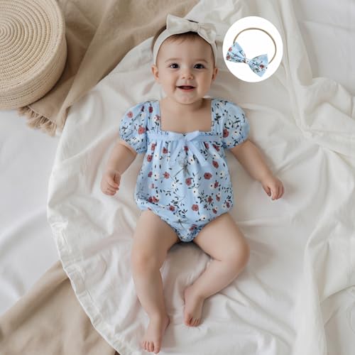 Newborn Baby Girl Summer Clothes Floral Short Sleeve Smocked Bubble Rmper Jumpsuit Bodysuit Boho One Piece Clothes2