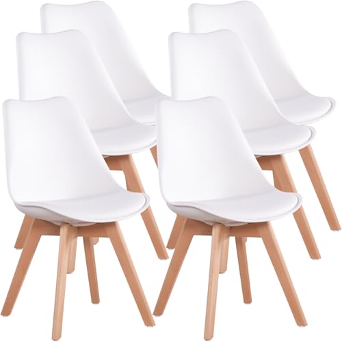 Dining Chairs Set of 6, Side Chairs Upholstered Armless Mid-Back Faux Leather Cushioned for Dining Room Kitchen Living Room, Soft Padded Seats & Solid Wood Legs, White