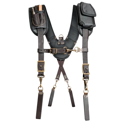 FESA Leather Tool Belt Suspenders for Men with Breathable Mesh Padding, Front Phone Pocket & 4 Loops for Attachment to Most Work Belts - Perfect for Carpenters & Electricians - Handcrafted (Brown)