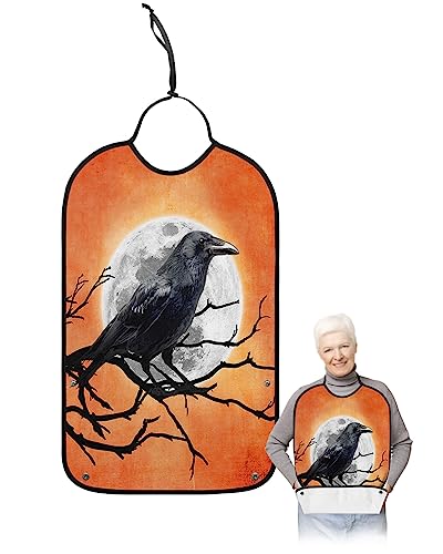 Halloween Adult Bibs for Eating, Waterproof Bibs with Food Catcher & Adjustable Snap Closure, Farmhouse Orange Moon Night Black Crow Washable Clothing Protectors Adult Bibs for Elderly Women/Men