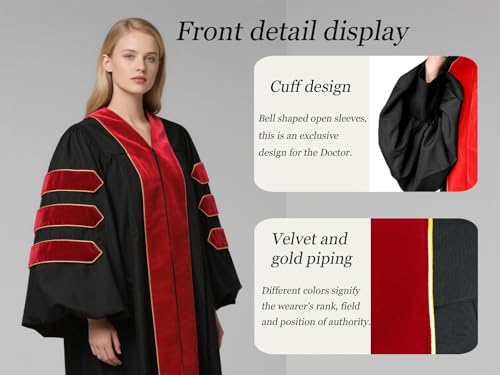 GradPlaza Unisex Deluxe Doctoral Gown Graduation Gown with Velvet and Gold Piping3