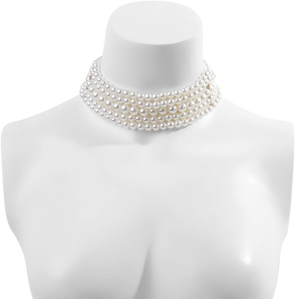 Wiwpar 5 Layers Strand Round Imitation Pearl Choker Necklace Vintage Multi Strands Necklace Collar Choker Pearl Statement Bridal Choker Necklace for Wedding 20s Flapper Themed Party (Style2) - Image 4