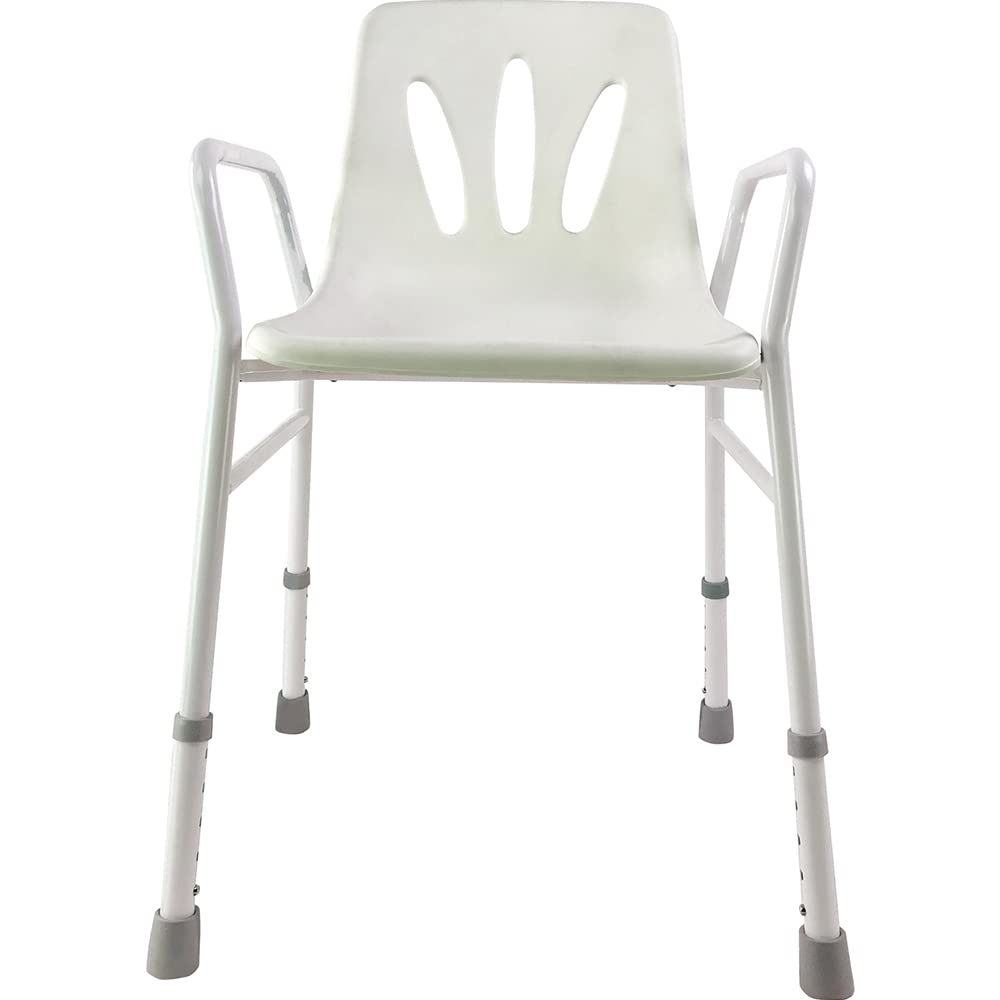 Łazienkowe krzesło prysznicowe z regulacją wysokości – 820 mm do 920 mm – wbudowane otwory odpływowe – antypoślizgowe gumowe tulejki – oparcie i poręcze – limit wagi 127 kg