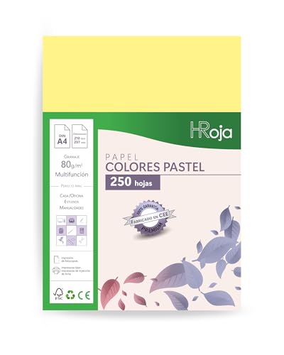 HRoja - Folios Colores Pastel A4 80 gr, 250 hojas, Papel Multifunción apto Impresoras Inkjet y Láser - 210 x 297 mm - Ideal para Oficina, Hogar, Manualidades y Origami (Amarillo Pa)