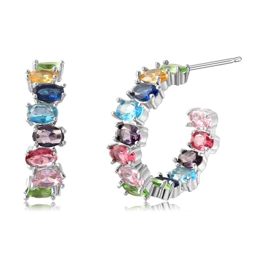 Silver Hoop Earrings for Women Colorful Crystal Cubic Zirconia Earrings Rainbow Chunky Half Hoops for Birthstone Jewelry