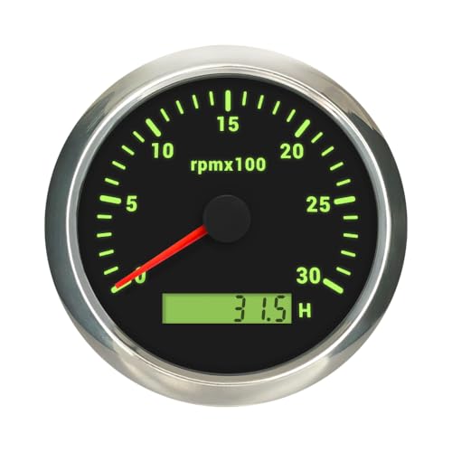 85mm Diesel Engine 24V Tachometer 3K RPM Gauge Hourmeter with 7 Adjustable Backlights for Auto Car Marine Boat (Black&Silver, 0-3000RPM)