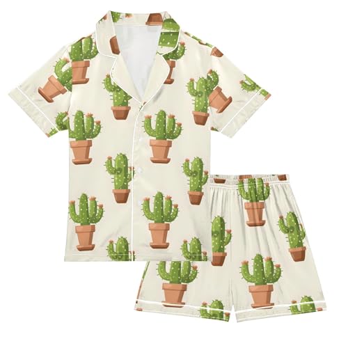 ALAZA Cactus Flower Floral Pajamas Satin Pajama Set Short Sleeve Button Down Sleepwear