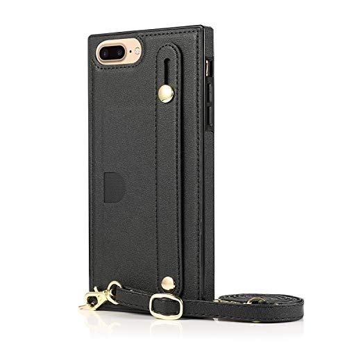 Crossbody Phone Case and Wallet for iPhone 7 Plus/8 Plus, Wallet Case Full Body Shockproof Kickstand Protective Cases,Stand Bracket with Finger Strap,Card Holder(Black)