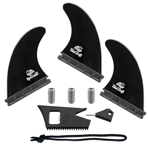TIDALDRIFT G5 Surfboard Fins - 35% Fiberglass Reinforced Thruster Set Compatible with Futures Bases - Engineered for 2-8ft Waves - 3-Pack Includes 4-in-1 Multi-Tool & 3 Spare Screws - Black