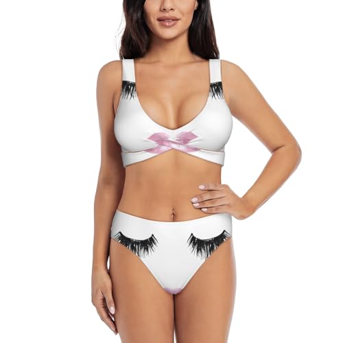Maillot de bain 2 pièces femme effet ventre plat imprimé cils bikini gainant