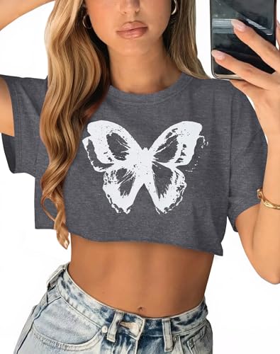 Image of Crop Tops for Women Oversized Short Sleeve T Shirts Crew Neck Cropped Tees