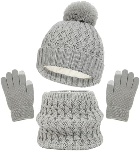 Maeau 3-in-1 Winter Beanie Hat Scarf and Gloves Set, Boys Girls Knitted Winter Accessories Sets Warm Fleece Lined Scarf Pom Bobble Hat and Fingers Touch Screen Gloves Sets 1-6 Y