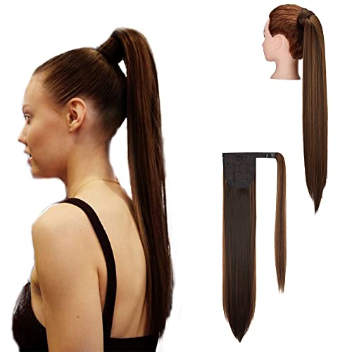 Ponytail Hairpiece 28 Inch Long Straight Wrap Around Clip on Ponytail Hair Extension Synthetic Ponytail Hairpiece Magic Paste Ponytail Extension for Women, 160g - Dark Brown Mix Light Auburn, 4AH30