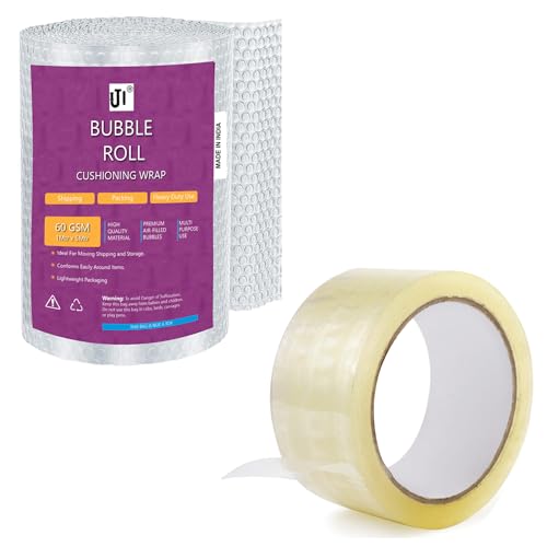 Image of IJI Bubble Wrap Heavy-Duty 60 GSM, Packing Material Roll & 50M White Tape (1M x 5M)