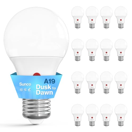 Sunco 16 Pack A19 LED Outdoor Light Bulbs, Dusk to Dawn, 4000K, 9W=60W