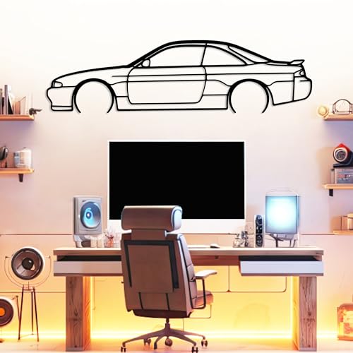 DecoSoul 200SX S14 Model Car Silhouette Metal Wall Art, Sports Car, Automotive Silhouette Line Decoration, Minimalist Sculpture for Garage, Man Cave, Indoor Outdoor Wall Hanging, (Black - 55 x 12” inch)
