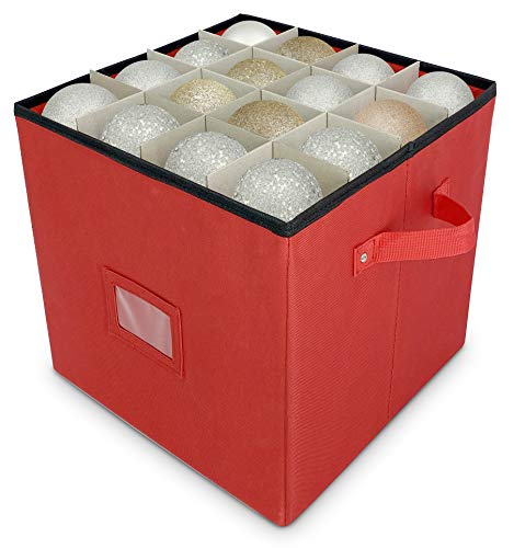 Christmas Ornament Storage - Stores Up To 64 Holiday Ornaments, Adjustable Dividers, Covered Top, Two Handles. Attractive Storage Box Keeps Holiday Decorations Clean And Dry For Next Season. (Red) #TOP1