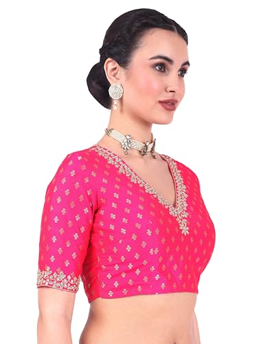 Image of Studio Shringaar Women's Brocade Embroidered V-Neck Readymade Elbow Length Sleeves Saree Blouse