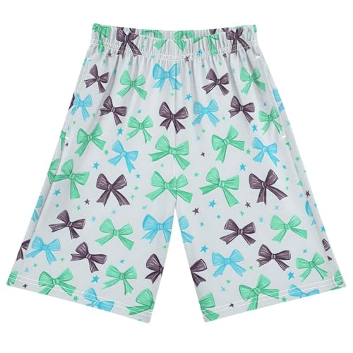 Blue Green Bow Sleep Shorts Summer Pajama Shorts Elastic Waist Sleep Bottoms with Pockets 6-14 Years
