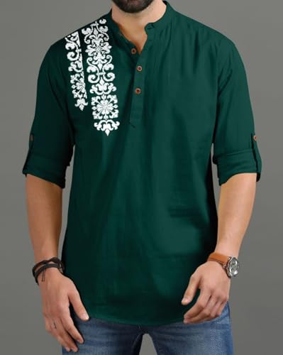 Image of FINIVO FASHION Men's Regular Fit Cotton Blend Kurta Shirt | Full Sleeve Ethnic Shirt with Mandarin Collar and Button Placket | Casual Kurta for Daily and Traditional Use