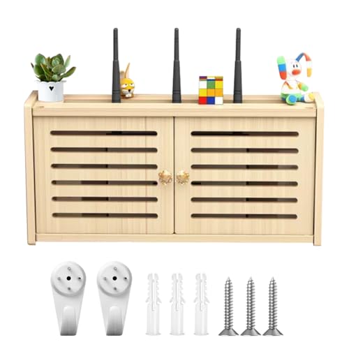 LUPATDY Armario de Router de Madera Maciza Montado en la Pared - Caja de Almacenamiento WiFi Oculta para TV Set Top Box y Cables (Puerta Doble)