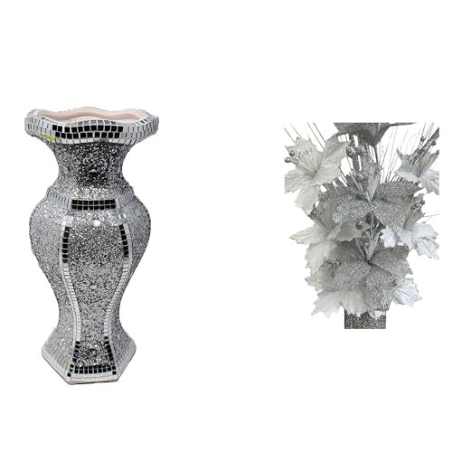 Vaso in cristallo argentato con diamanti artificiali (ceramica + seta, argento + argento)