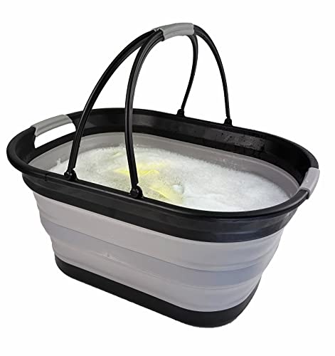 SAMMART 38L zusammenklappbarer Wäschekorb aus Kunststoff – ovale Wanne/Korb – Faltbarer Aufbewahrungsbehälter-tragbare Waschwanne – platzsparender Wäschekorb (Schwarz/Legierungsgrau)