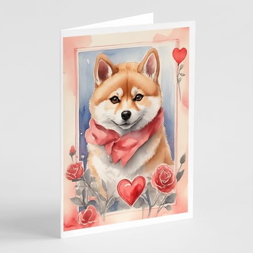 Caroline's Treasures DAC4564GCA7P Shiba Inu Valentine Roses Greeting Cards Pack of 8 Blank Cards with Envelopes Whimsical A7 Size 5x7 Blank Note Cards