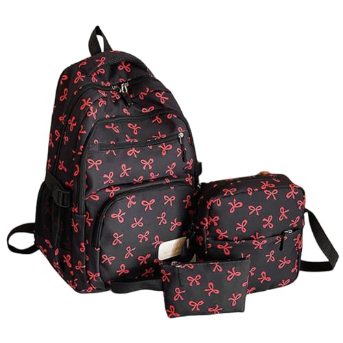 Bow Backpack for Women Cute Kawaii 3Pcs Set Coquette Aesthetic Nylon Rucksack With Bow Pattern Aesthetic Daypack