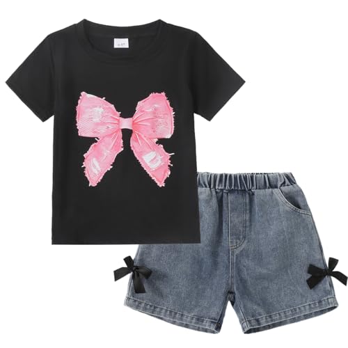 Image of Kids Toddler Girls Summer Clothes Leopard Butterfly Print T-Shirt + Belted Denim Jeans Shorts 3PCS Outfits