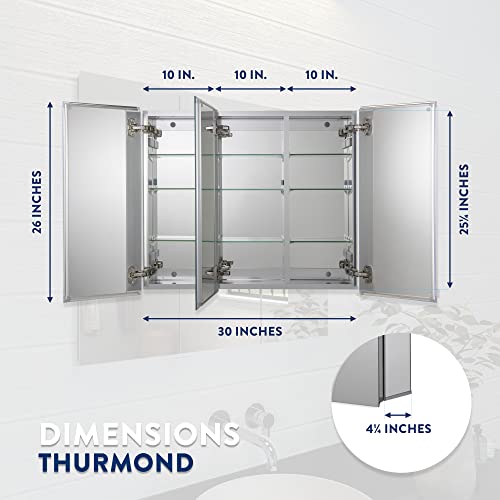 Croydex Thurmond Tri-View, Recessed Or Surface Mount Medicine Cabinet, 30W X 26H, Aluminum #TOP1