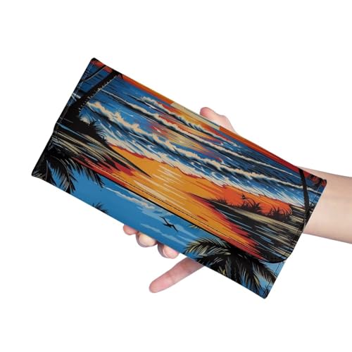 Image of AFPANQZ Leather Wallets for Women Clutch Card Slots Phone Holder Trifold Purses Card, Seaside Palm Large Capacity Card Key Cash Storage Bags Zipper Handbag