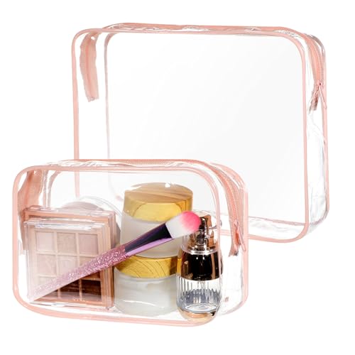 Piriuuo 2 Pcs Clear Makeup Bags, TSA Approved Toiletry Bag Quart Size Bag Portable Travel Makeup Pouch with Zipper Clear Travel Bags for Toiletries Cosmetic Pouch for Airport Airline Compliant (Pink)