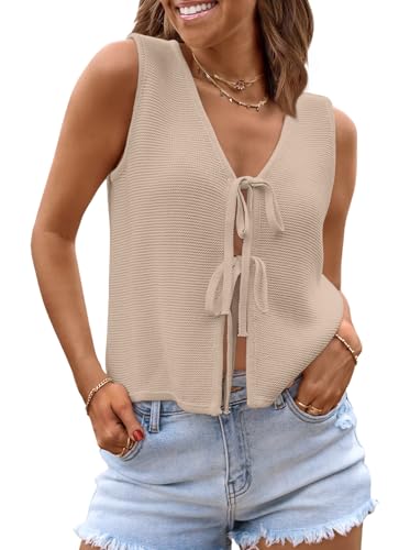 Image of LILLUSORY Womens Tie Front Tops Vacation Sweater Vest | Bohemian Style, Beach Resort Wear, Concert Western Outfits, Crochet Tops, Vacation Outfits, Cute Y2k Sleeveless 2026