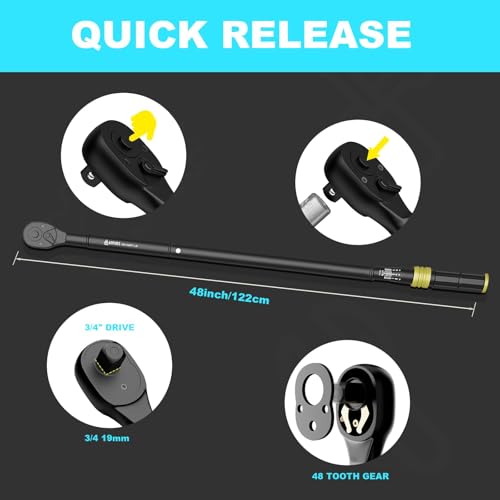 Image of ANPUDS 3 /4 inch Click Torque Wrench, 200-1000 Ft-Lb /271-1355 Nm, Heavy Duty | ±3% Accuracy, 48-Tooth Quick Release, Cr-V Steel, Dual-Direction, for Heavy Truck, Tractor, Diesel, Mining & Oil Field