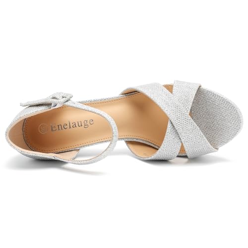 Enelauge Women's Platform Chunky High Heeled Sandals Open Toe Ankle Strap Block Heels Dress Bride Wedding Party Evening Shoes3