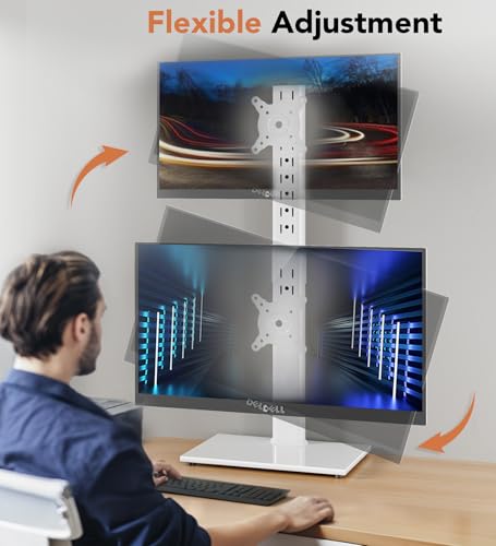 Image of Dual Monitor Stand - Vertical Stack Screen Free-Standing Monitor Riser Fits Two 13 to 34 Inch Screen with Swivel, Tilt, Height Adjustable, Holds One (1) Screen up to 44Lbs HT05W-002 White