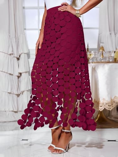 Image of Cicy Bell Womens Hollow Out Maxi Skirts Summer Boho Fringe Hem Long Skirt | High Waist,Circle Skirt,Casual,Dressy,Midi Skirt,Beach Vacation