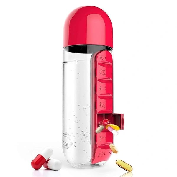 Radha Govind 2 in 1 Pill Water Bottle for medicine - 600ml | 7 Day Weekly Pill Organizer with Removable Medicine Storage Box | Travel Medicine Bottle Container for Supplements, Tablets (Multi-Colour)-image-39