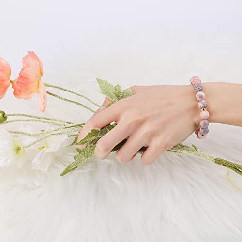 KINBOM Anti Anxiety Bracelet, Pink Zebra Beads Elastic Handmade Bracelets Calming Bracelets Pink Healing Bracelet with 5 Golden Glitter Jewelry, Natural Stone Bracelets for Women