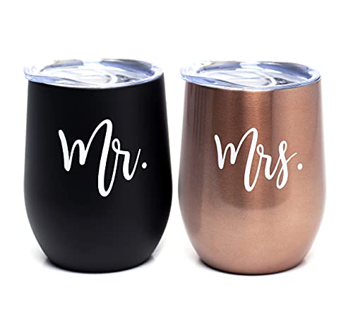 The Navy Knot Mr and Mrs Wine Goblet Tumbler Set - Stainless Steel Insulated Tumblers w/ Lids - Stemless Wine Glass & Coffee Cup - Gifts for Anniversary, Wedding Honeymoon (Black/Rose Gold, 12 Oz)