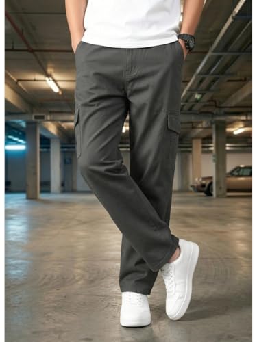 Image of Men's Cargo Trousers-100% Premium Cotton Regular Fit Lightweight Breathable Elastic Waist Multi-Pocket Casual Utility Pants