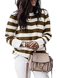 Dokotoo Sweaters for Women Trendy Crew Neck Striped Color Block Casual Loose Fall Outfits Knitted Tops Lightweight Cute Ladies Holiday Pullover Sweater Fall Clothes for Women 2025 Desert Palm Medium