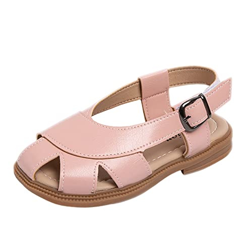 Girls Closed Toe Sandals Summer Leather Soft Non Slip Flats Sandals Kids Lightweight Hollow Water Shoes Kids Comfy Fashion Hook Buckle Fisherman Sandals (Pink, 10.5 Little Child)