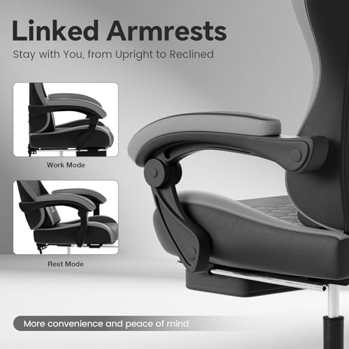 Image of Gaming Chair, Computer Office Chair with Footrest, Adjustable Height & Backrest Gaming Chairs with Swivel for Adults, High Back PU Leather Ergonomic Chair with Lumbar Support, BlackGrey