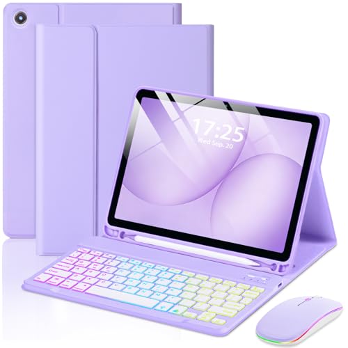 EAMPANG Case with Keyboard Mouse for Samsung Galaxy Tab A11 Plus/A9 Plus 2025/2023 11 inch 7 Color Rainbow Backlight Detachable USB-C Keypad Magnetic Case with Pen Slot for Tablet A11+ A9+ 5G Purple