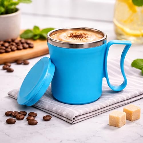 Image of Insulated Stainless Steel Coffee Mug with Lid, 300ml, Double Wall, Reusable Travel Mug for Home & Office (Navy Blue - Sky Blue)